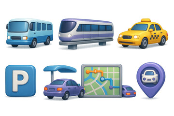3d y2k airport icons set – bus, train, taxi, parking, map, location. 3D icon set