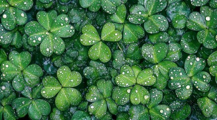 Close-up of vibrant green clover leaves, covered in water droplets