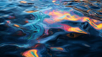 Abstract Background: Iridescent Oil Slick Patterns on Dark Water Surface Detail