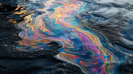 Swirling Vibrant Colors in Iridescent Oil Slick Patterns on Dark Water Detail