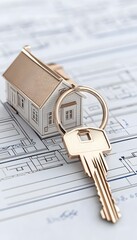 A small white house model with a golden key sits on a blueprint