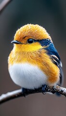 Obraz premium A small, yellow, blue, and white bird perches on a branch