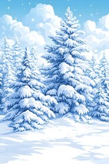 Naklejka premium A snowy forest scene with tall, snow-covered pine trees against a blue sky with puffy clouds