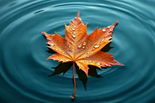 Orange maple leaf with waterdrops floats on the water with ripples 