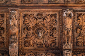 Beautiful wooden carving on the historic building of town hall in Palma de Mallorca, Spain