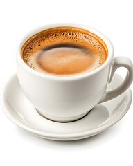 Fototapeta premium A steaming cup of espresso in a white mug on a saucer