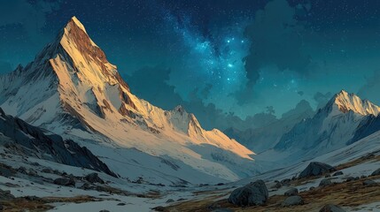 Obraz premium Snowcapped mountains under starry sky adventure majestic landscape nighttime exploration