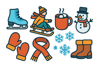 Winter activity icons set &ndash; flat, fun holiday and seasonal symbols