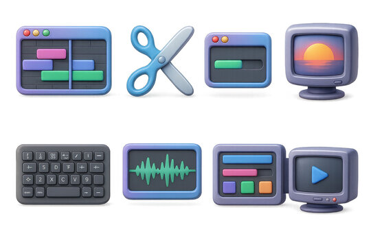 3d video editing icons set &ndash; timeline, scissors, clip, sunset, keyboard, waveform, play. 3D icon set