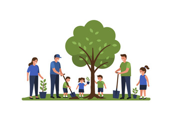 Diverse group plants a tree during a community event. Volunteers work together outdoors, fostering a positive and sustainable environment. Bright, cheerful scene.