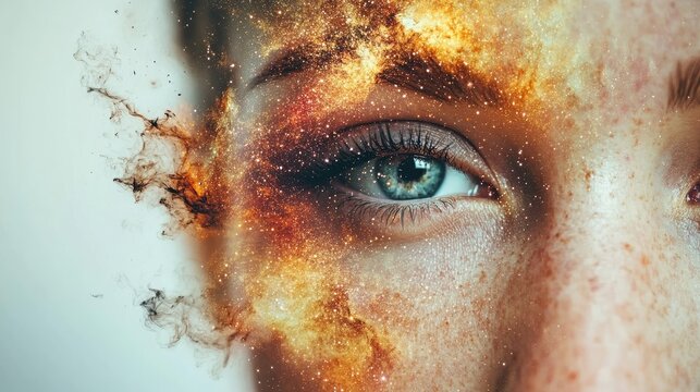 Man&acirc;&euro;&trade;s face morphing into a galaxy, cosmic beauty, nebula reflections, surreal atmosphere.