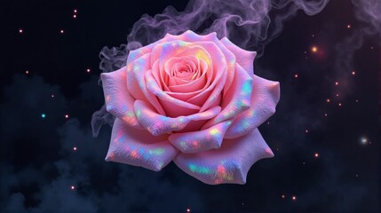 A rose with a rainbow effect on it is floating in the air