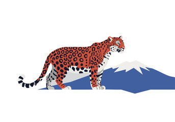 A striking Amur leopard stands proudly against a snowy mountain backdrop. Bold colors and a textured design create a visually captivating illustration suitable for diverse commercial applications.