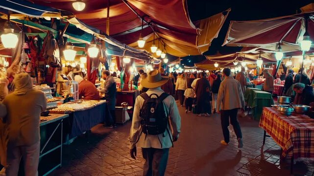 Tourist walking through djemaa el-fna market in marrakech at night