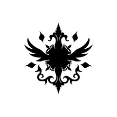 Abstract vector representation of an ornate, symmetrical, winged emblem