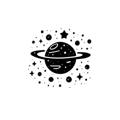 Stylized vector illustration depicting a planet encircled by rings in space