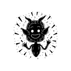 Whimsical horned character radiates playful charm in monochrome graphic design