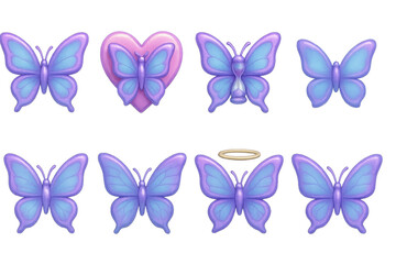 Y2k butterfly icons set &ndash; heart, halo, faded, simple, wings, colorful, pastel, glow, retro, gradient. 3D icon set