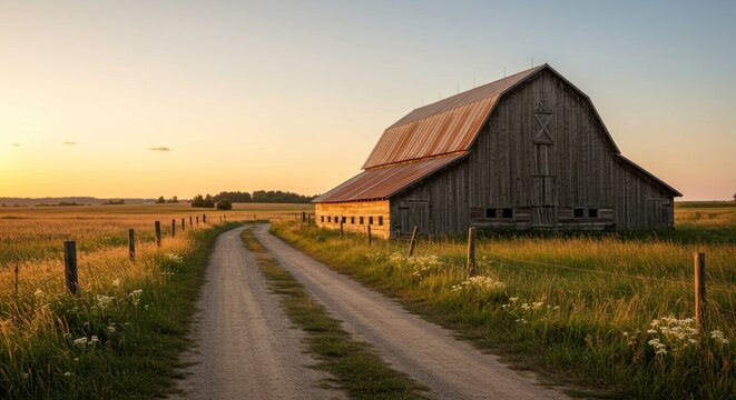 Rustic barn at sunset in countryside