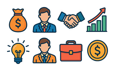 Business and finance flat icons set – linear, filled, money and office symbols