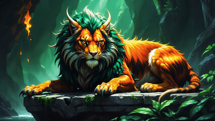 A regal lion-tiger hybrid with green mane rests on a ledge in a fantastical forest scene.