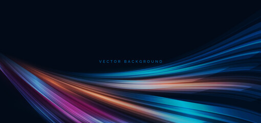 High speed muticolor curved lines on dark blue background. High speed motion moving concept.