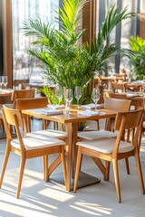 Sunlit restaurant table setting with wooden chairs, white linens, and a lush potted plant