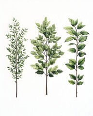 Three stylized green plant sprigs, watercolor style