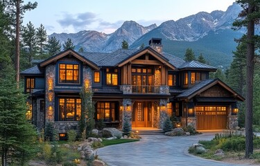 Naklejka premium Mountaintop log home, warm evening glow