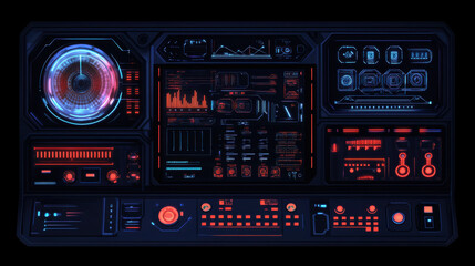 Obraz premium A futuristic control panel with holographic data, sleek interfaces, and glowing buttons.