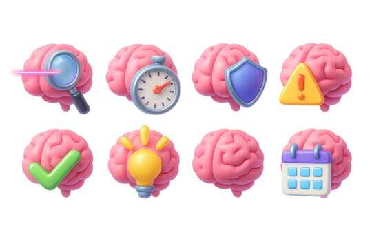 Y2k themed brain icons set – magnifying glass, clock, shield, alert, checkmark, lightbulb, calendar. 3D icon set