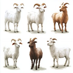 Fototapeta premium Six Adorable Goats Collection Farm Animals White Brown Realistic Illustration pet art cute image