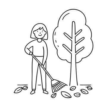 woman raking leaves near tree clip art preview