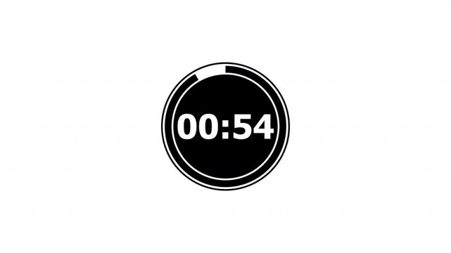One minute countdown timer animation from 60 to 0 on a transparent background, 60 seconds countdown timer with alpha channel, 1 minute circle countdown.