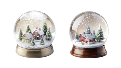 Crystal Snow Globe: A decorative winter snow globe featuring a mini snowy village inside, floating white particles, transparent background PNG