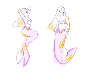 Set of vector mermaid illustrations, elegant female figures with fish tails and flowing hair in different poses. Line art style. Fantasy characters in clean minimalist style.