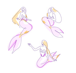 Set of vector mermaid illustrations, elegant female figures with fish tails and flowing hair in different poses. Line art style. Fantasy characters in clean minimalist style.