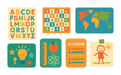 Obraz premium Educational and learning flat icons set – school, classroom, study visual aids