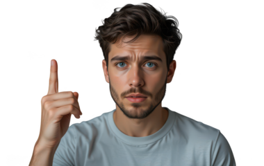 Focused Thought and Insight: A contemplative man with an inquisitive gaze, raises a single finger, symbolizing an idea or solution. He showcases deep thought, knowledge, and insight.