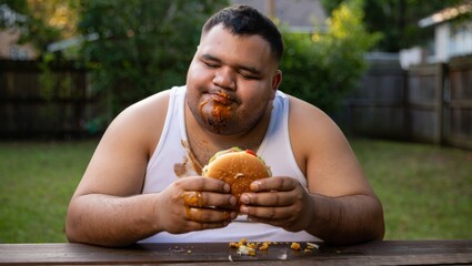 Overweight man in messy tank top eating a large hamburger with carefree expression — gritty, humorous slice-of-life character portrait