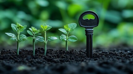Key to Growth: Seedlings and a vintage key symbolizing opportunity and development