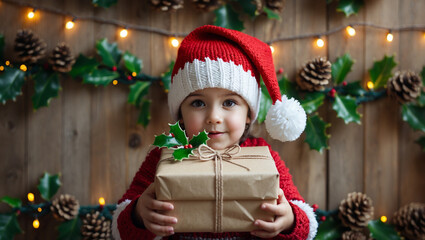 Rustic Holiday Child Giving Gift Box
