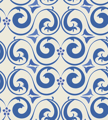 Blue swirls of stylized leaves on milky background. Seamless vector pattern.