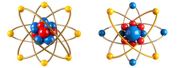 3D Atom Structure with Protons, Neutrons, and Electrons, Isolated on White Background PNG