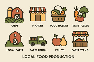 Obraz premium Local food production icons set – flat, market, farm and agriculture symbols