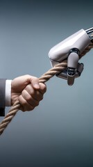Businessman hand pulling against robot arm shows man vs machine conflict, business problems, automation fear and business stress at work