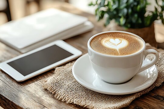 Relaxing cafe scene with coffee and technology.