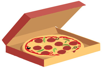 35 a pizza box, open, with a hot and freshly baked pizza with pepperoni, mushrooms, and other toppings visible inside, realistic digital art style, 3D render, photorealistic, high contrast, bright col