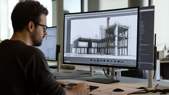 Architect creating building design using cad software in modern office, professional work