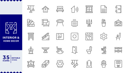  Pixel Perfect ,Interior & Home Decor set of web icons in line style, Linear icon collection.Decorating, Renovating,